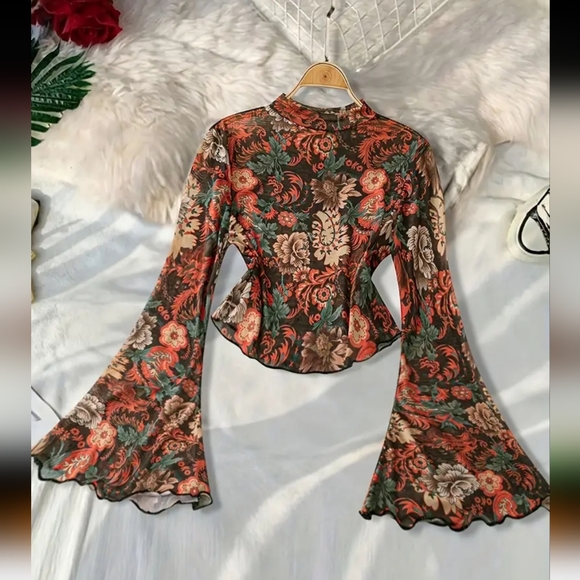 Floral Bell Sleeve Top - Multicolor - Picture 1 of 3